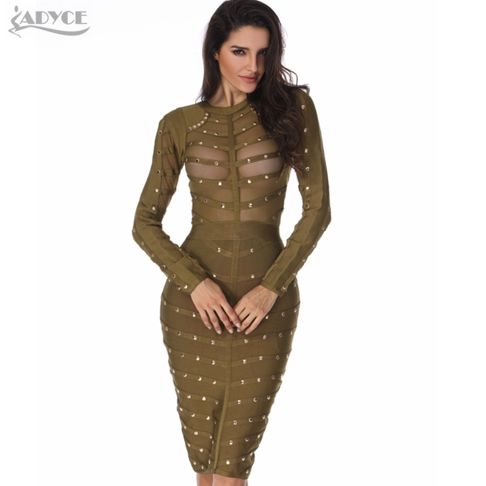 Wholesale Sexy Women Dress Mesh Studded Button Olive Red Black High Neck Bodycon Celebrity Runway Party Bandage Dresses 210423