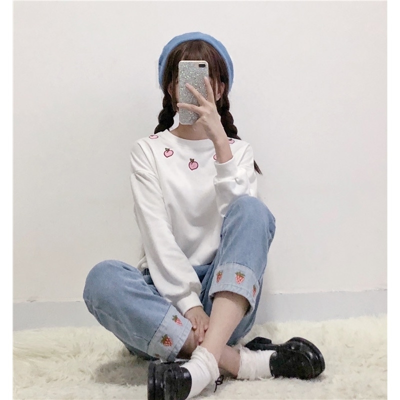 Merry Pretty Harajuku Women 2 piece Set Cotton Sweet Sweatshirt Peach Embroidery White Hoodies and strawberry denim pants sets 201103