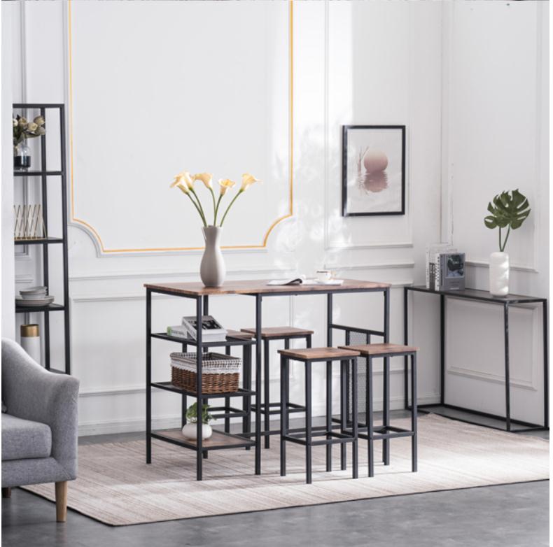 Bedroom Furniture Rectangular Disassembly and Assembly P2 Board Iron Taupe Wood Surface Black Iron Bracket Three Storage Layers 1 Table 4 Chairs Dinin