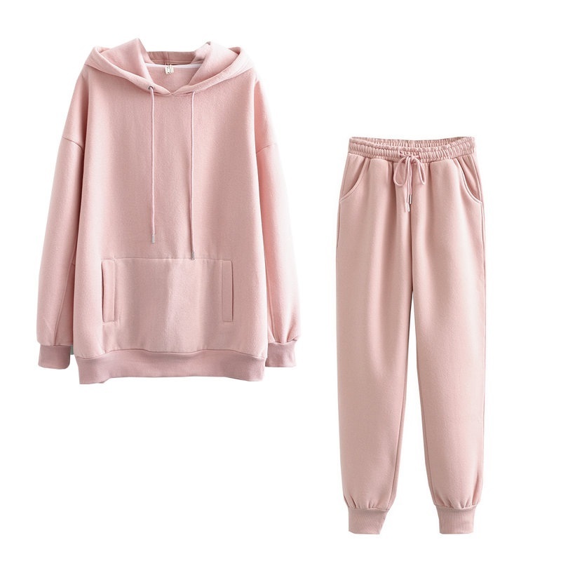Hoodie 2 Pcs Set Women Sweatshirt Autumn Solid Oversized Set Casual Long Sleeve Fleece Tops Long Pants Tracksuit Suit Outfits 201217