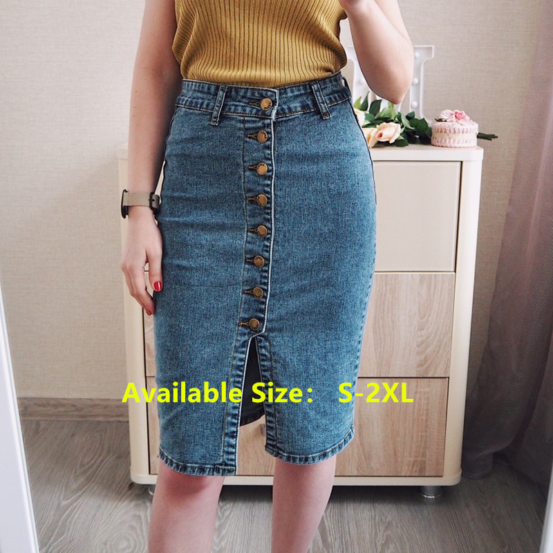 REALEFT Spring Autumn Denim Sheath Wrap Skirts SingleBreasted High Waist Pencil Midi Skirt Front Split Skirts Womens 210306