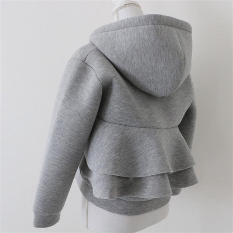 Autumn Women Hoodie Japan Style Ruffles Short Coats Zipper Hooded Falbala Solid Outwear Japan Ladies Sweatshirt Casual Top 201209