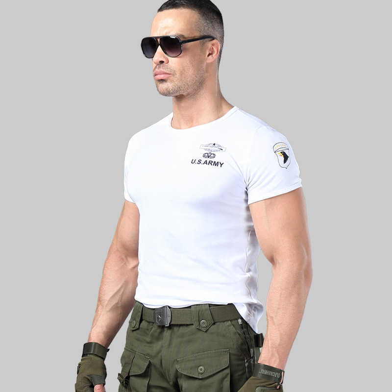 Men's Army T Shirt Summer Military Cotton T-shirt Body Sculpting Short Sleeve High Elasticity Stretch Slim Fit Male Tshirt 210707