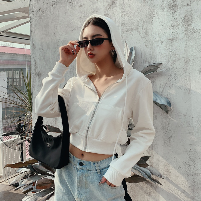 Front Pockets Zip Up Hoodies Women Spring Fall Solid Color Crop Top Casual Sweatshirt Ladies White Black Cropped Hooded 201102