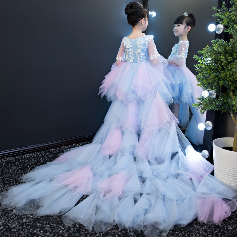 2021 Cute Flower Girl Dresses for Wedding High Low 3D Floral Appliques Tiered Skirts Girls Pageant Dress A Line Kids Birthday Party Gowns