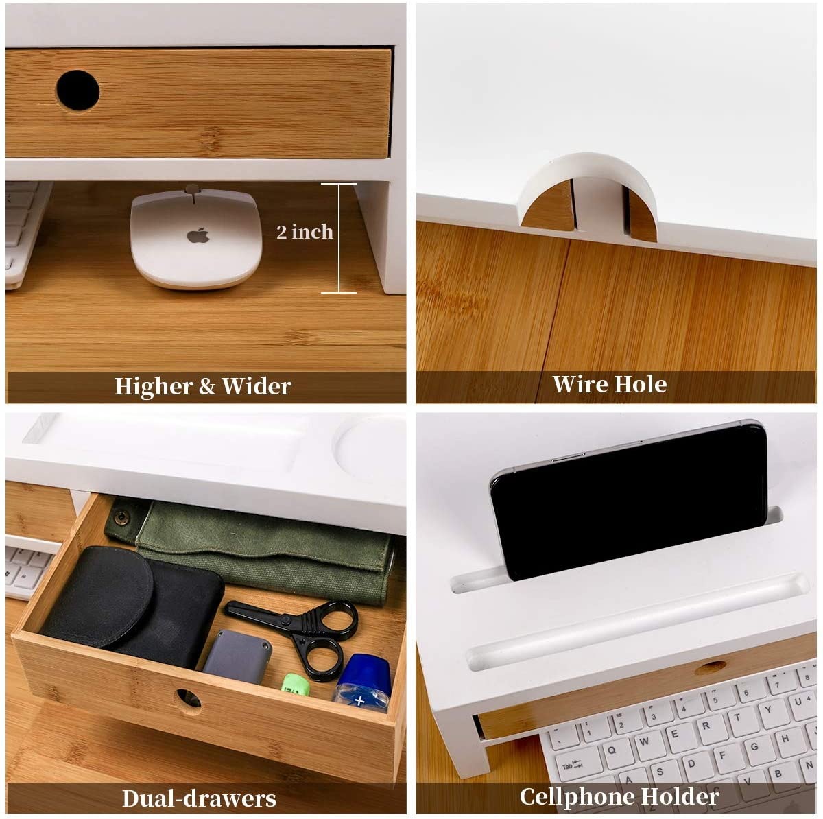 Monitor Stand Computer TV Riser with 2 Drawers & Desktop Organizer Laptop Printer Stand with Keyboard Storage Space for Home & Office