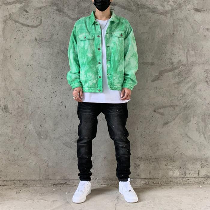 2 Pieces Sets Men Fashion Tie-dyed Single Breasted Denim Jeans Jacket Coat and Loose Fit Zipper Pants Joggers Streetwear Sets 201210