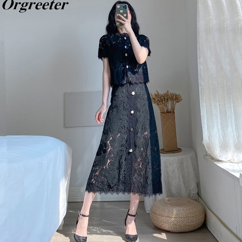 Plus Size -5XL Solid Lace 2 Pieces Set Women Summer OL Short Sleeve Hollow Out Button Blouse Top & Long Skirts Sets 210525, Black
Plus Size -5XL Solid Lace 2 Pieces Set Women Summer OL Short Sleeve Hollow Out Button Blouse Top & Long Skirts Sets 210525, Black