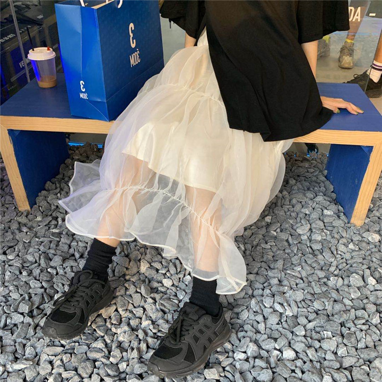 Mesh Skirt 2021 Autumn Winter New High Waist Slim Temperament Mid-Length Korean Style Women's Skirt 210309