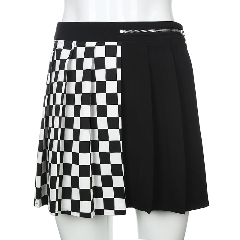 SUCHCUTE gothic high waist women pleated mini skirt patchwork ribbons A-line Skirts streetwear solid female party outfits 210309