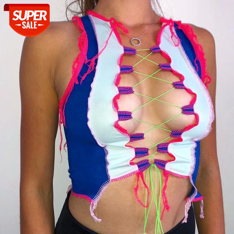 hirigin Sexy Open Line Color Block Hollow Out String Cross Tie Up Crop Top Streetwear Trendy Colorful Tank Tops #N93L, White 
hirigin Sexy Open Line Color Block Hollow Out String Cross Tie Up Crop Top Streetwear Trendy Colorful Tank Tops #N93L, White