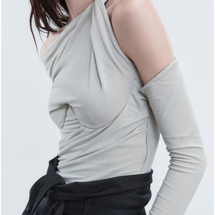 Women's T Shirt Summer Fashion Women Clothes Asymmetrical Collar Off Cuted Shoulder Full Sleeves Cross T-shirt Female WH02802M 210302