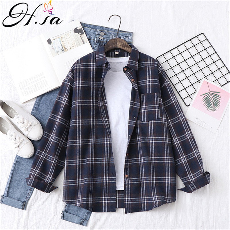 H.SA Women Casual Plaid Shirts Loose Style ladies tops Yellow Blouses Tunic Spring Oversized Blouses and Shirt 210225
