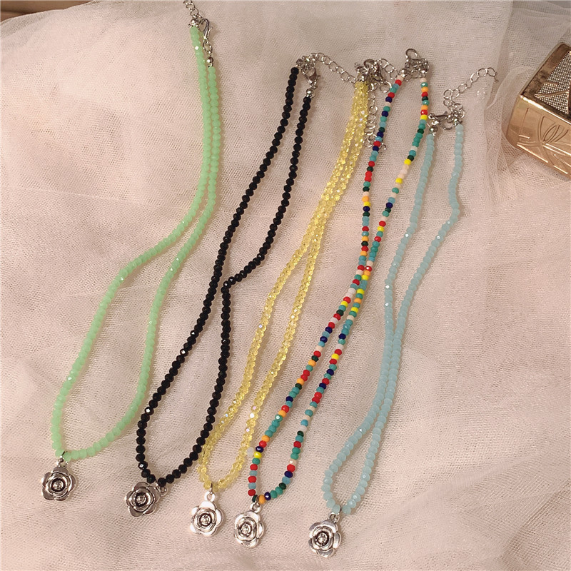 Color Beaded Flower Necklace Girl Wind Alloy Flower Necklace Color Crystal Necklace