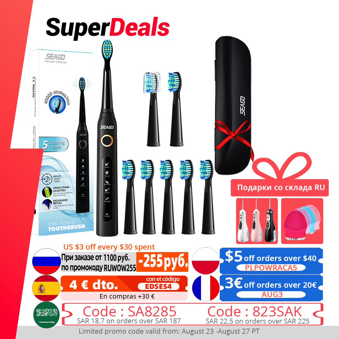 Seago Sonic Electric Toothbrush SG-507 Adult Timer Brush 5 Modes USB Charger Rechargeable Tooth Brushes Replacement Heads Set
Seago Sonic Electric Toothbrush SG-507 Adult Timer Brush 5 Modes USB Charger Rechargeable Tooth Brushes Replacement Heads Set