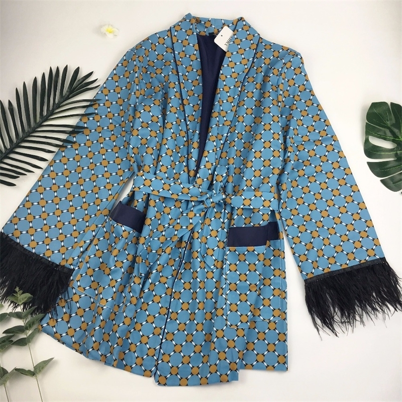 New Arrival Blue Printed Kimono Jacket with Feather Sleeves Wide Leg Loose Cuasal Trousers Women Vintage Clothing Suits T200114