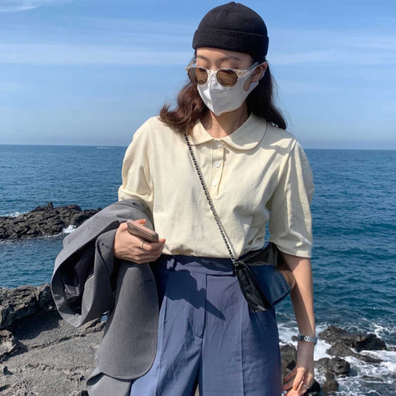 Korejpaa Women T-shirt Korea Chic Summer Gentle Little Turntring Three Buckle Loose Casual Bubble Sleeve Top Pullover 210526