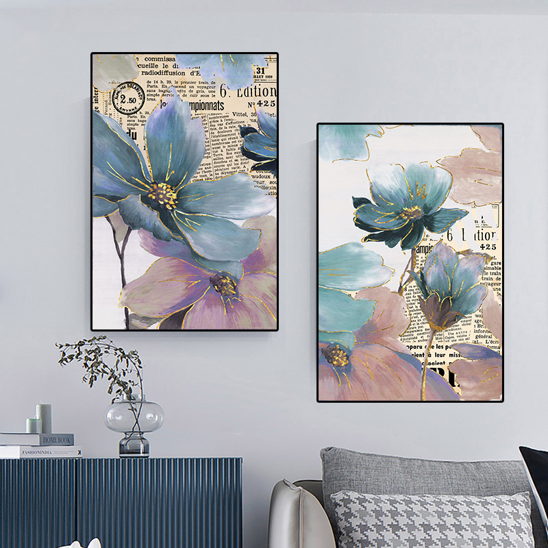 Nordic Style Art Cuadros Prints Wall Decorations Canvas Paintings Pink Blue Flowers Poster Gold Lines Floral Room Home Decor