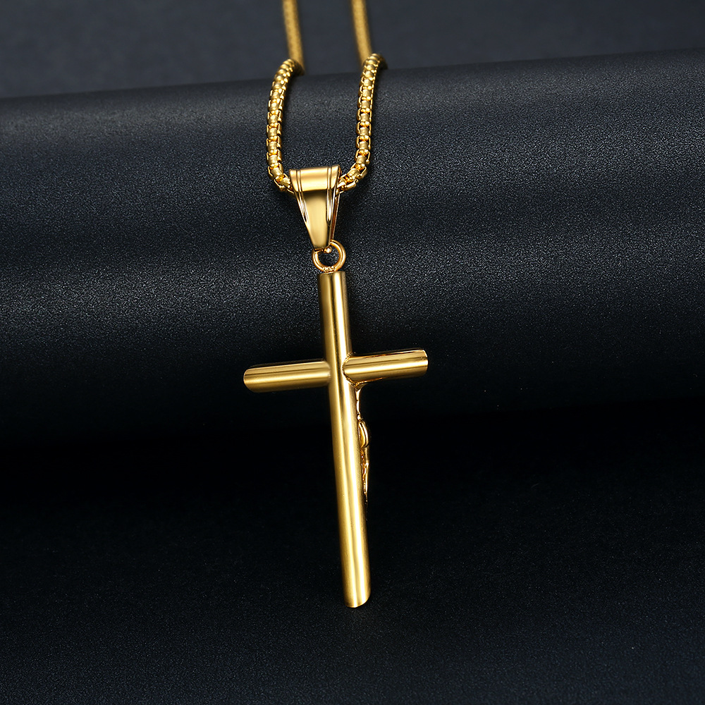 Hip Hop Stainless Steel Jesus Cross Pendant Necklace High Polished 18K Gold Plated Religious Jewelry