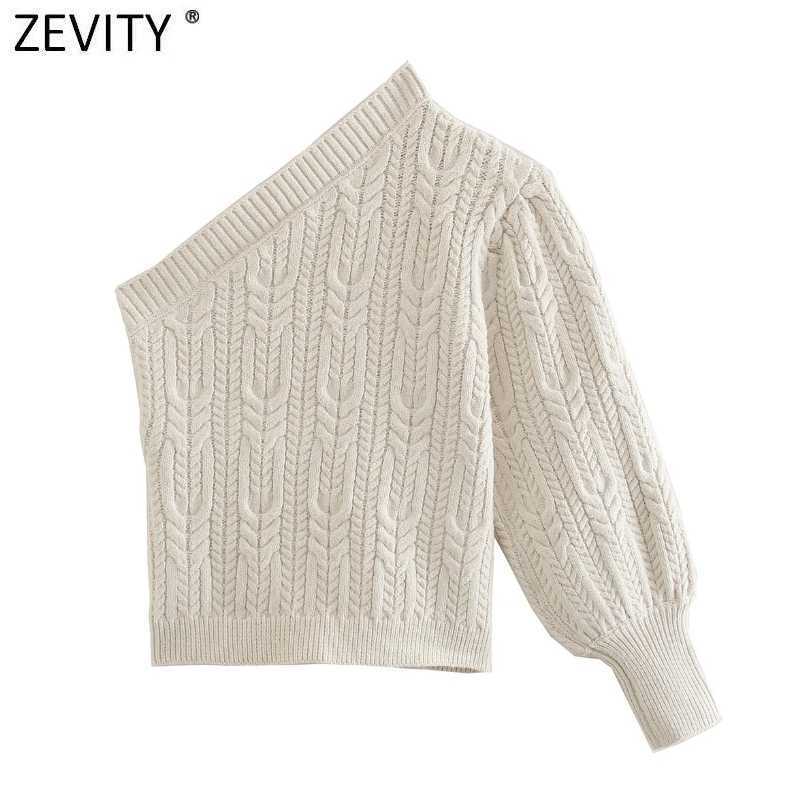 Zevity Women Sexy Asymmetry Single Shoulder Short Crochet Knitting Sweater Female Chic Lantern Sleeve Slim Pullovers Tops CT687 210603