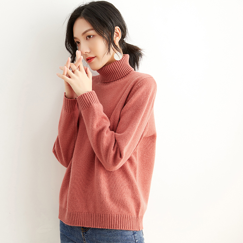 Sweater women's new high lapel pullover pure color loose wild knitting Wool base warm cashmere turtleneck sweater large size 210218