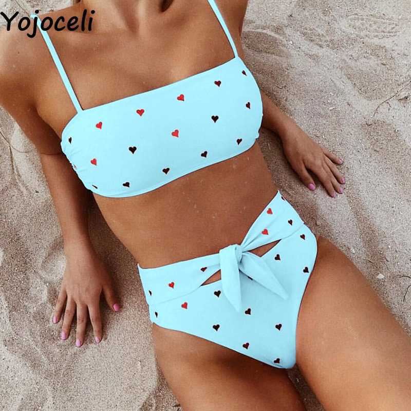 Yojoceli Elegant heart print bow swimming suit for women Summer beach cool swimwear girl Sexy strap 2 pieces tankini 210609