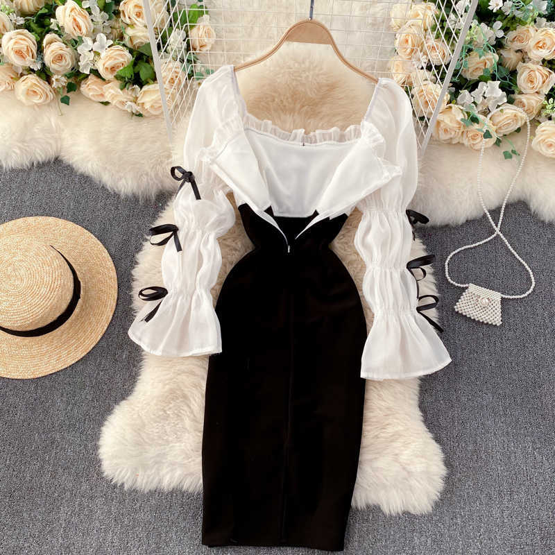 Women Fashion Autumn Winter Square Neck Long Flare Sleeve Slim Party Dress Casual Clothes Vestidos Q623 210527