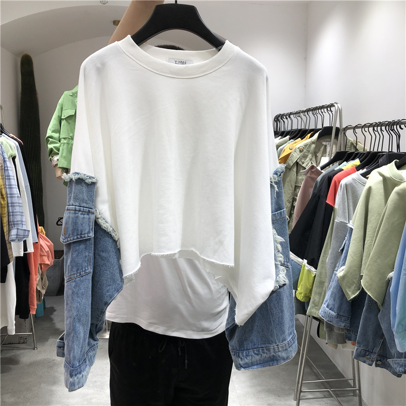 [EWQ] Spring Summer New Pattern Round Collar Long Sleeve Denim Patchwork Pullovers Streetwear Sweatshirt Women AH61206 201102