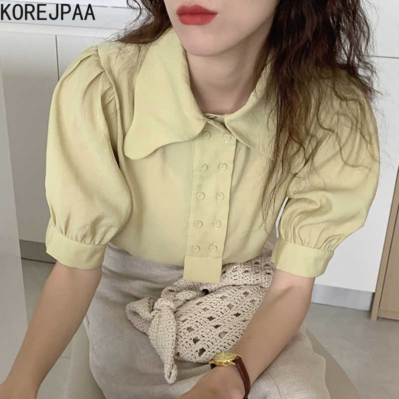 Korejpaa Women Shirt Summer Korean Chic Retro Niche Irregular Lapel Double-Breasted Embellished Loose Puff Sleeve Blouses 210526, White
Korejpaa Women Shirt Summer Korean Chic Retro Niche Irregular Lapel Double-Breasted Embellished Loose Puff Sleeve Blouses 210526, White