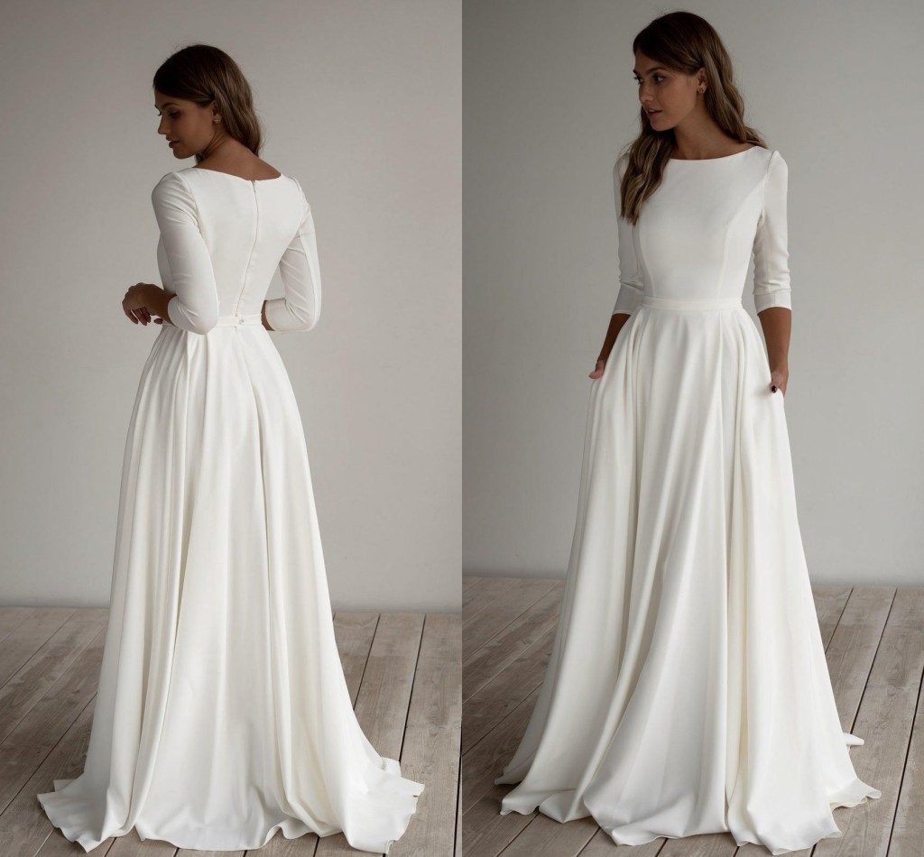 Crepe Modest Wedding Dresses Long Sleeves Pockest Sweep Train Simple Elegant Informal Boho country Bridal Gowns Sleeved