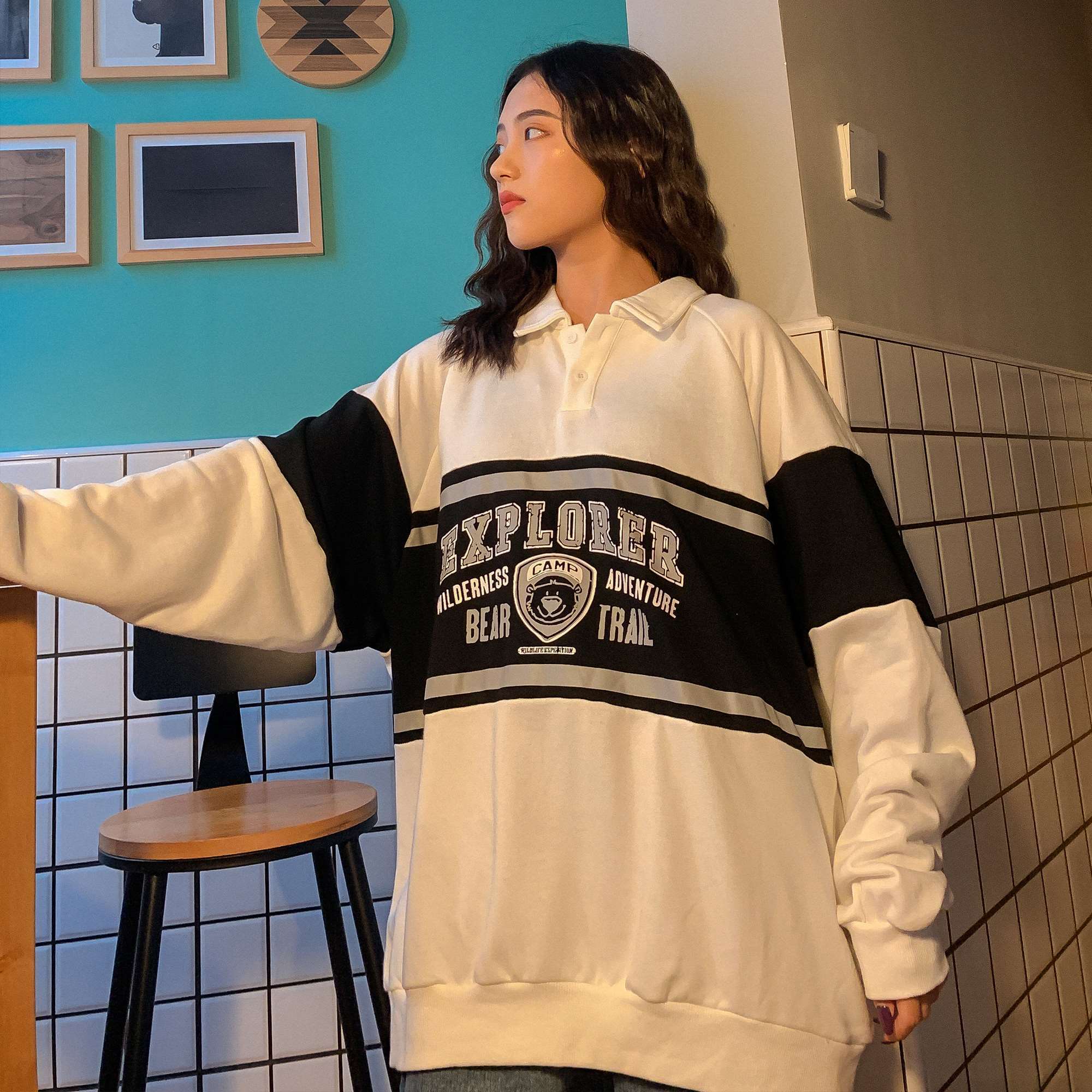winter Vintage Polo Collar Loose Harajuku Hoodie Top Long Sleeve Teens Oversized Hoodies Women Print Bear Sweatshirt Trendy 201211