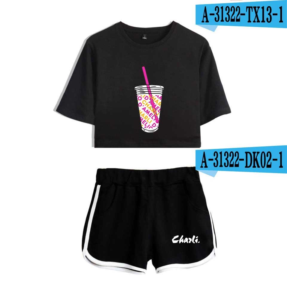 Rholycrown Women's Two Piece Shorts Cute T-Shirt Haruku Print Wer Ice Coffee Splash Charli Damelio Girl Set 210302