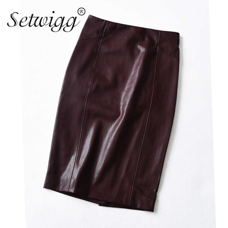 Women Sexy Soft PU Leather Pencil Midi Skirt Autumn Ladies Package Hip Back Split Faux Burgundy Coffee 210619