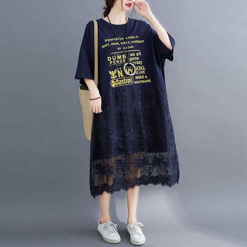 Plus Size Lace T Shirt Summer Dress Korean Cotton Loose Ladies Dresses for Women 4xl 5xl 6xl 7XL Oversized Long Midi Dress 210630
