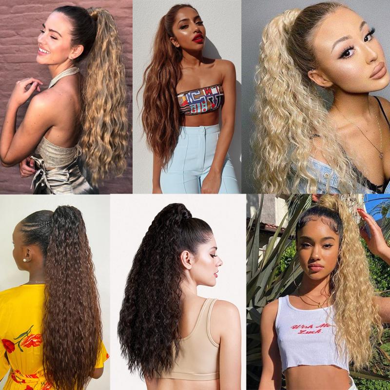 Synthetic Wigs Wrap On Clip Hair Long 22inch Curly Ponytail Hairpiece Ombre Brown Pony Tail Blonde Fack