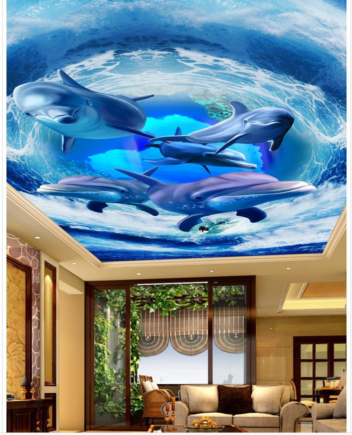 Custom 3d ceilings Wave Dolphin Ceiling Mural modern wallpaper for living room