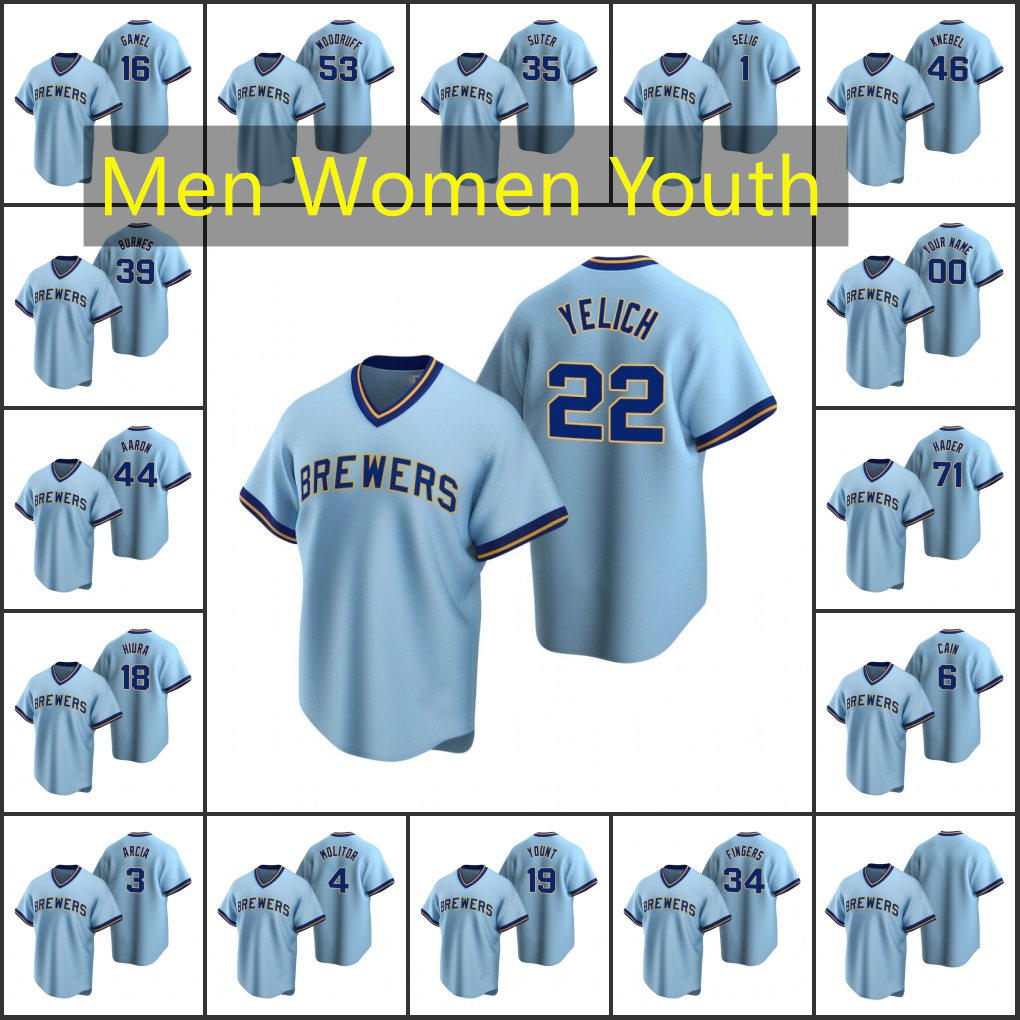 MilwaukeeBrewers Baseball Jerseys 19 Robin Yount 22 Christian Yelich 16 Ben Gamel 4 Paul Molitor Custom Powder Blue Cooperstown Collection Road Jersey, Nk logo
MilwaukeeBrewers Baseball Jerseys 19 Robin Yount 22 Christian Yelich 16 Ben Gamel 4 Paul Molitor Custom Powder Blue Cooperstown Collection Road Jersey, Nk logo
