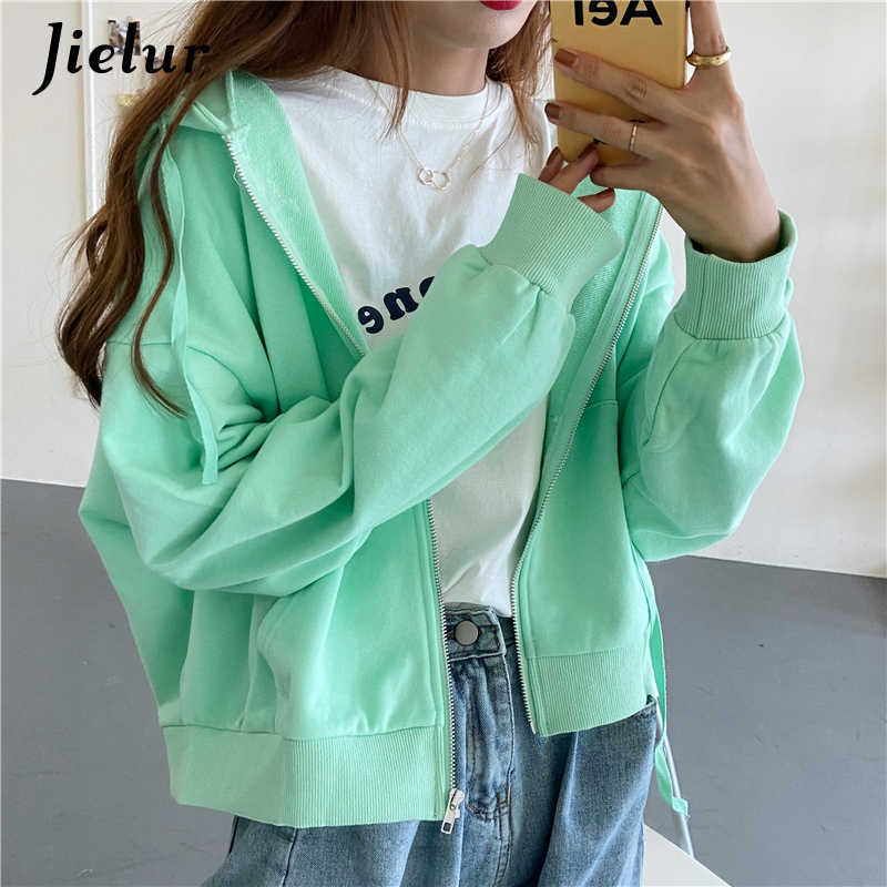 Jielur Chic Zipper Female Sweatshirt Hooded Pullovers Soild Color Hoodies Autumn Loose Harajuku Women Tracksuit White M-2Xl 210910