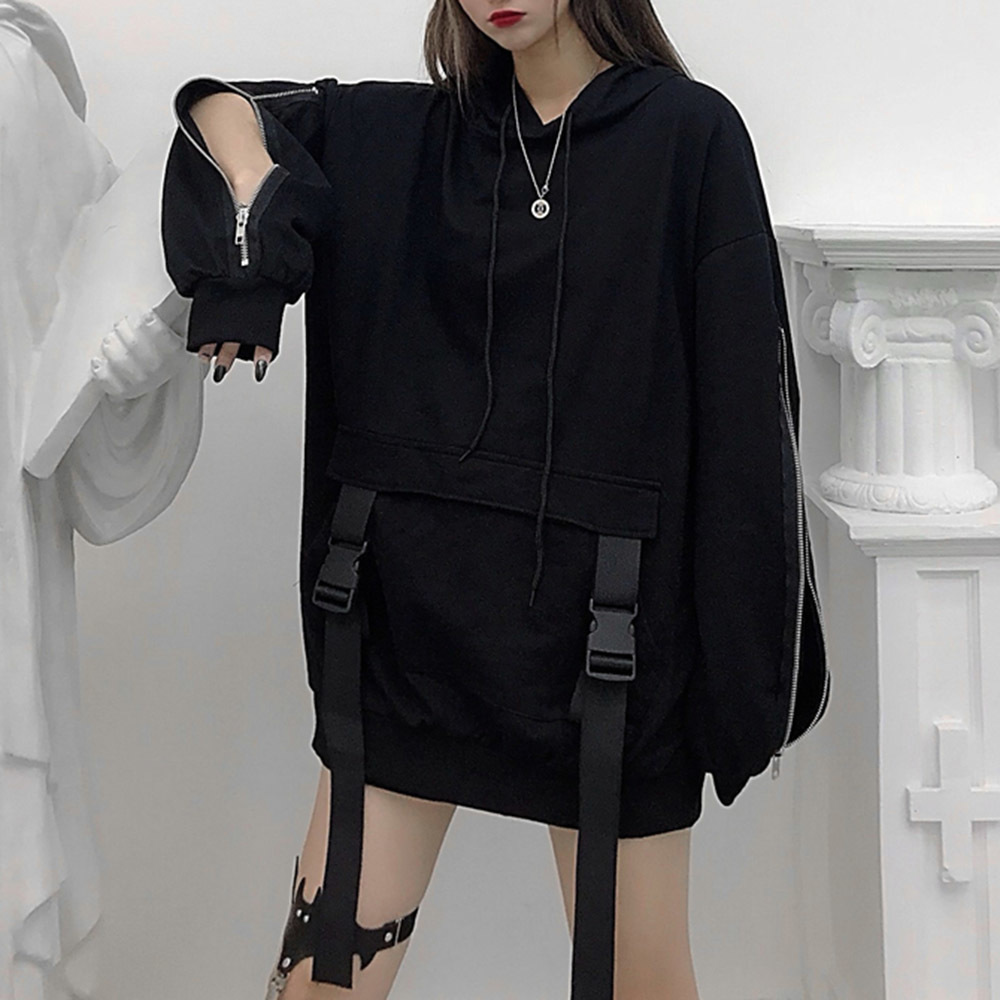 Rosetic Zipper Deign Gothic Women Hoodie Hooded Plus Size Loose Sweatshirt Pullover Streetwear Black Hoodies Drawstring 201204
