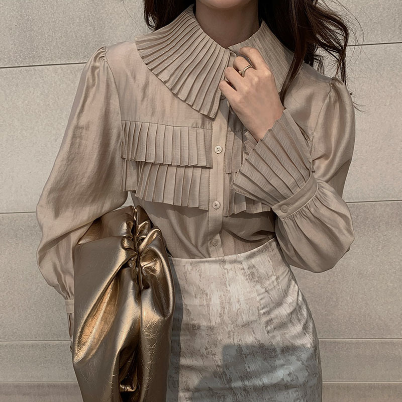 Pleated Blouse See Through Shirt Women Spring New Fashion Blouse Turn-down Collar Single-breasted Loose Tops Blusas Elegant 210225