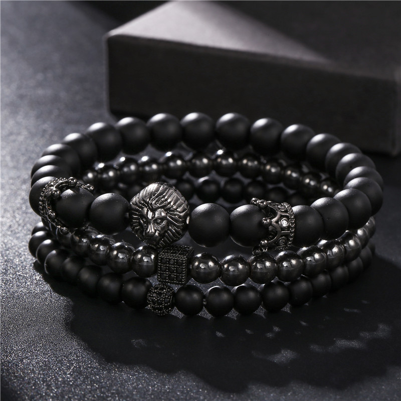 Natural Stone Beaded Mens Bracelet 2pcs/set Fashion Crown Lion Head Charm Bracelets Pulseras Masculina Jewelry