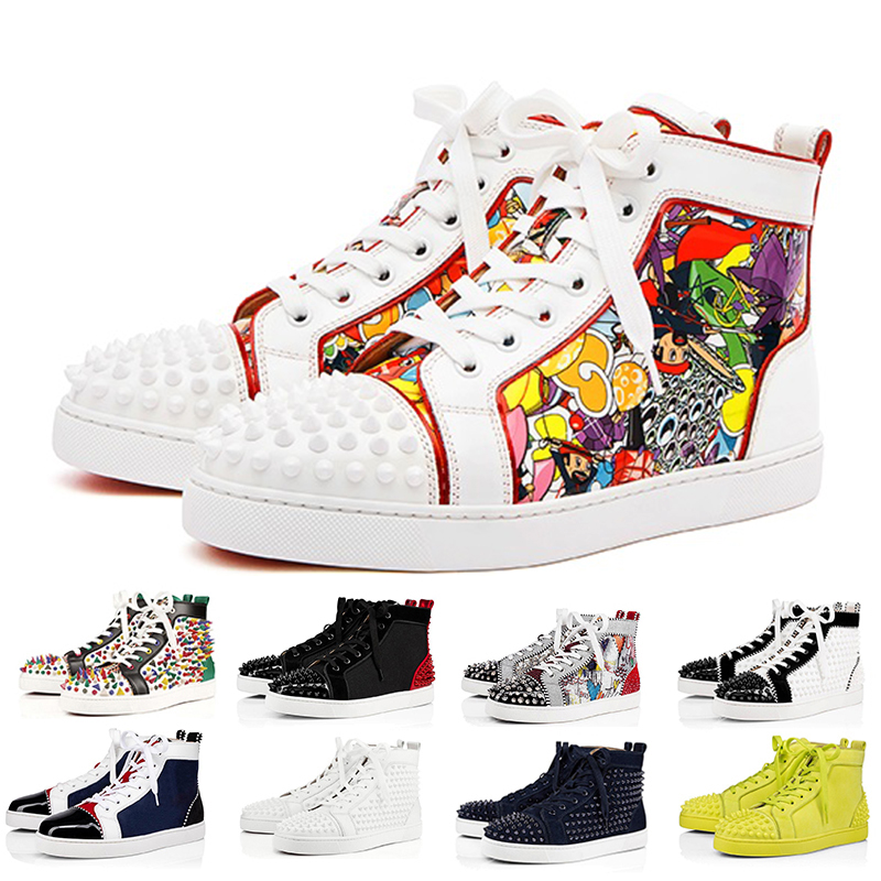 Red bottoms sneakers men women designer dress shoes high low top Black White Camo Green Glitter Grey leather suede Designer mens fashion spikes casual trainers, Color#28
Red bottoms sneakers men women designer dress shoes high low top Black White Camo Green Glitter Grey leather suede Designer mens fashion spikes casual trainers, Color#28