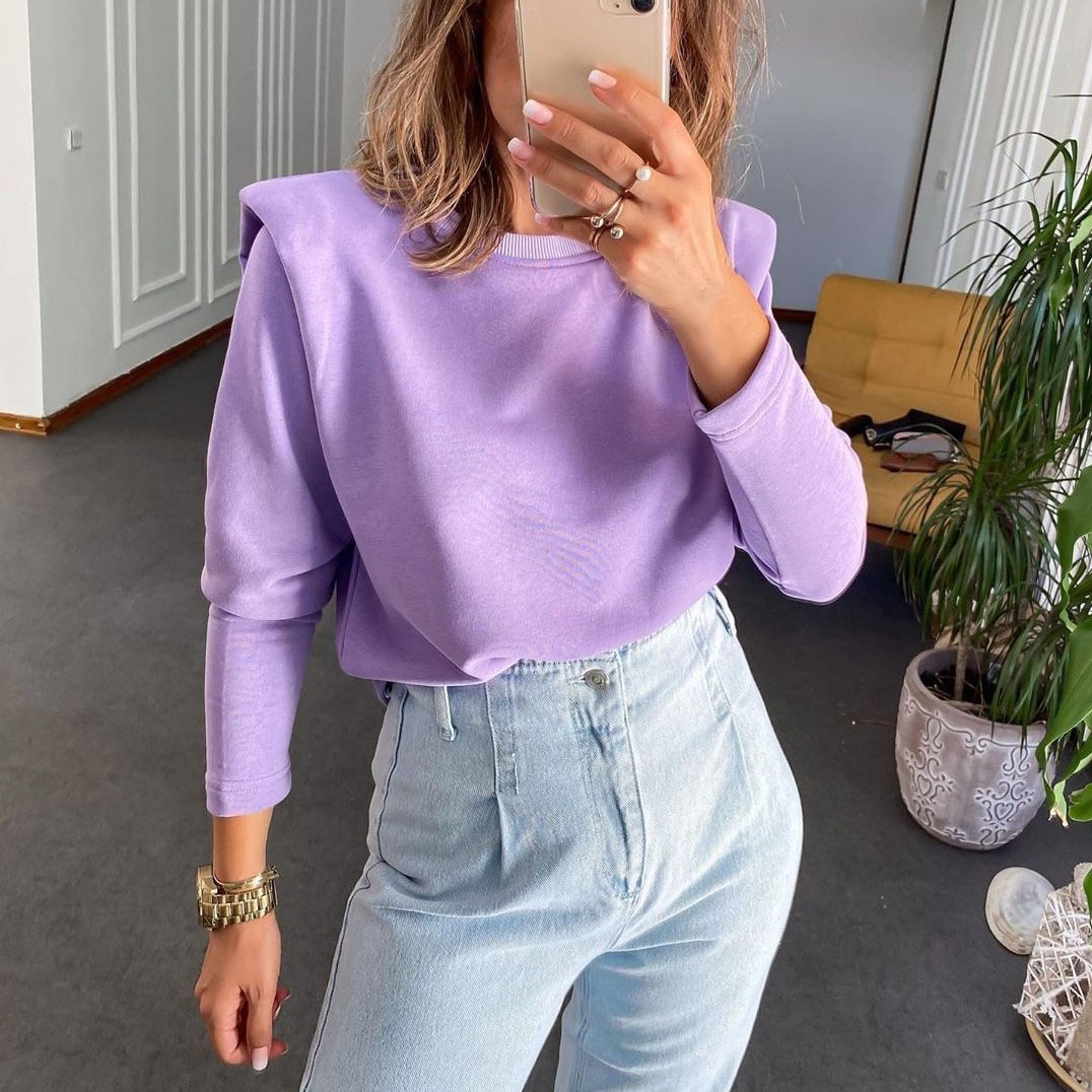 Gray Autumn Long Sleeve with Shoulder Pad Sweatshirts Casual Solid Women Hoodies O-neck Loose Winter Fashion Pullover Tops G1833 201216
