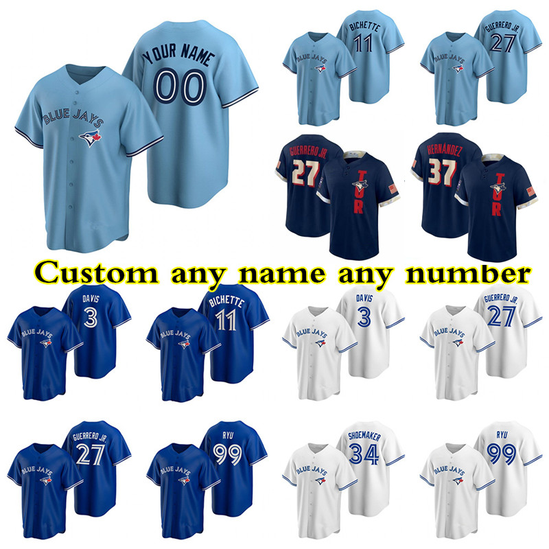 Custom Toronto 27 Vladimir Guerrero Jr.Blue Jays jersey 11 Bo Bichette 4 George Springer 49 Jonathan Davis 37 Teoscar Hernandez any name or, Blue;black
Custom Toronto 27 Vladimir Guerrero Jr.Blue Jays jersey 11 Bo Bichette 4 George Springer 49 Jonathan Davis 37 Teoscar Hernandez any name or, Blue;black