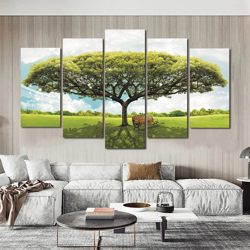 5 Panels Green Yellow Red Tree Posters Forest Prints Canvas Painting Wall Art For Living Room Landscape Pictures Home Decor