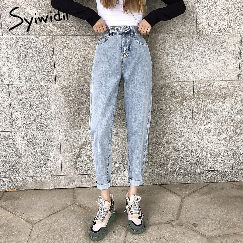 Gray high waist Mom jeans woman plus size boyfriend jeans for women denim pants Washed blue Harem Pants 0 spring summer 210302