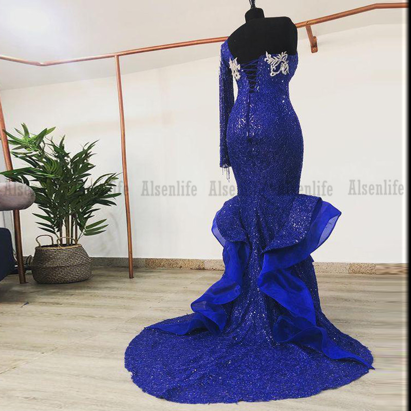 Aso Ebi Arabic Royal Blue Lace Evening Dresses Beaded Mermaid Prom Dresses Sexy Formal Party Second Reception Gowns