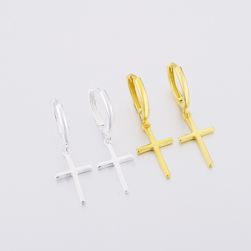 Women 925 Sterling Silver Gold Color Polishing Cross Dangle Hoop Earrings For Girls Fashion Luxury Round Jewelry Gift