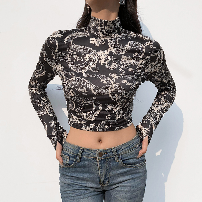 Goth Dragon Print Y2k Femme Turtleneck Women's T-Shirts Clothing Gothic Aesthetic Crop Top Harajuku Skinny Long Sleeve Tee 210302