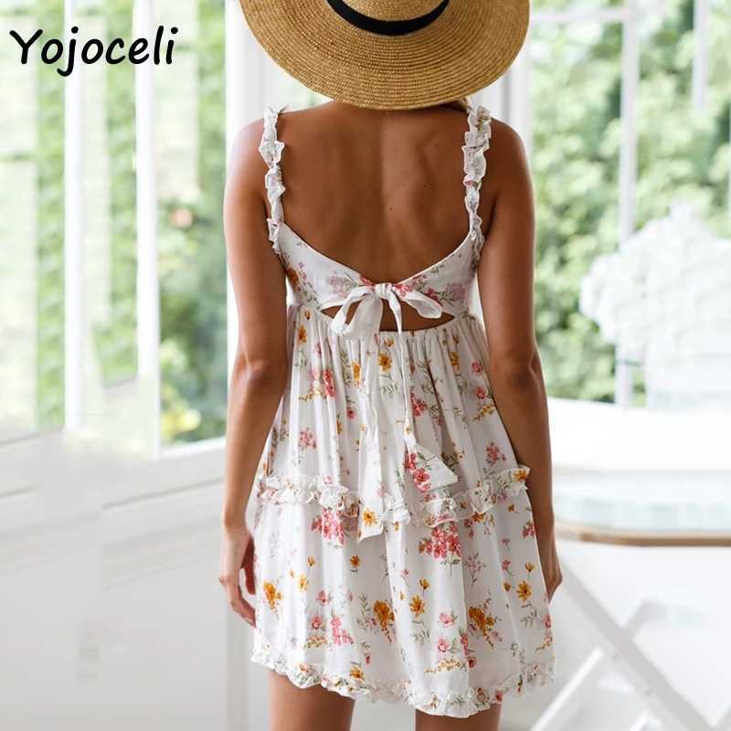Yojoceli spring summer floral print sundres boho beach mini female vestidos back bow 210609
